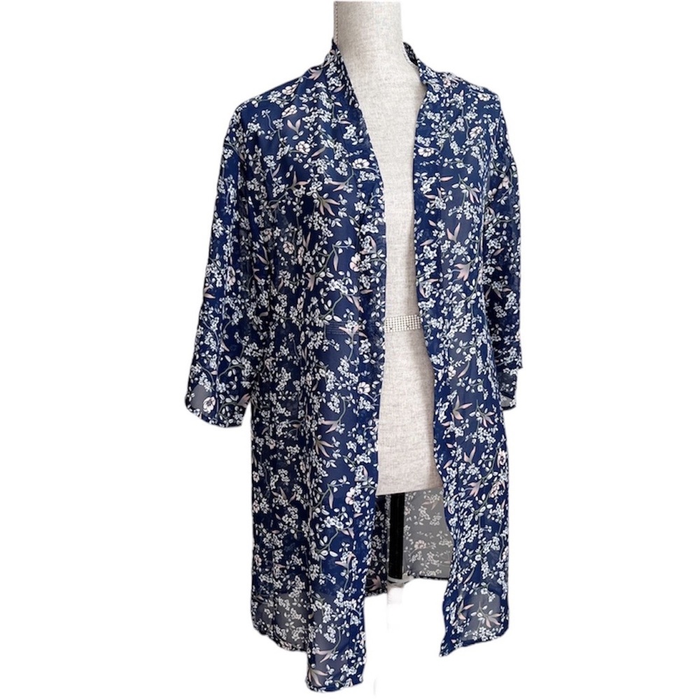 Wallflower Floral Kimono Sheer Open Cardigan Cover Up Blue Ditsy Floral Small
